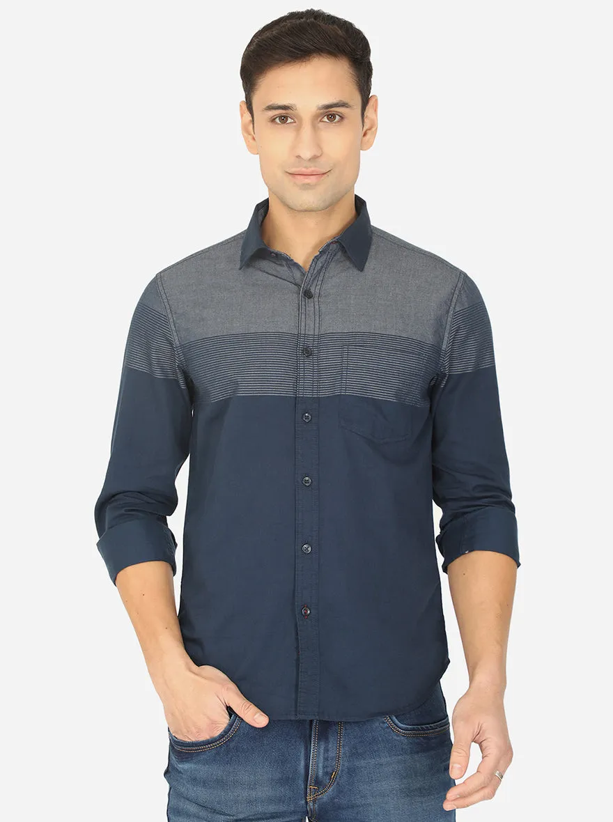 Navy Blue & Grey Striped Slim Fit Semi Casual Shirt | Greenfibre