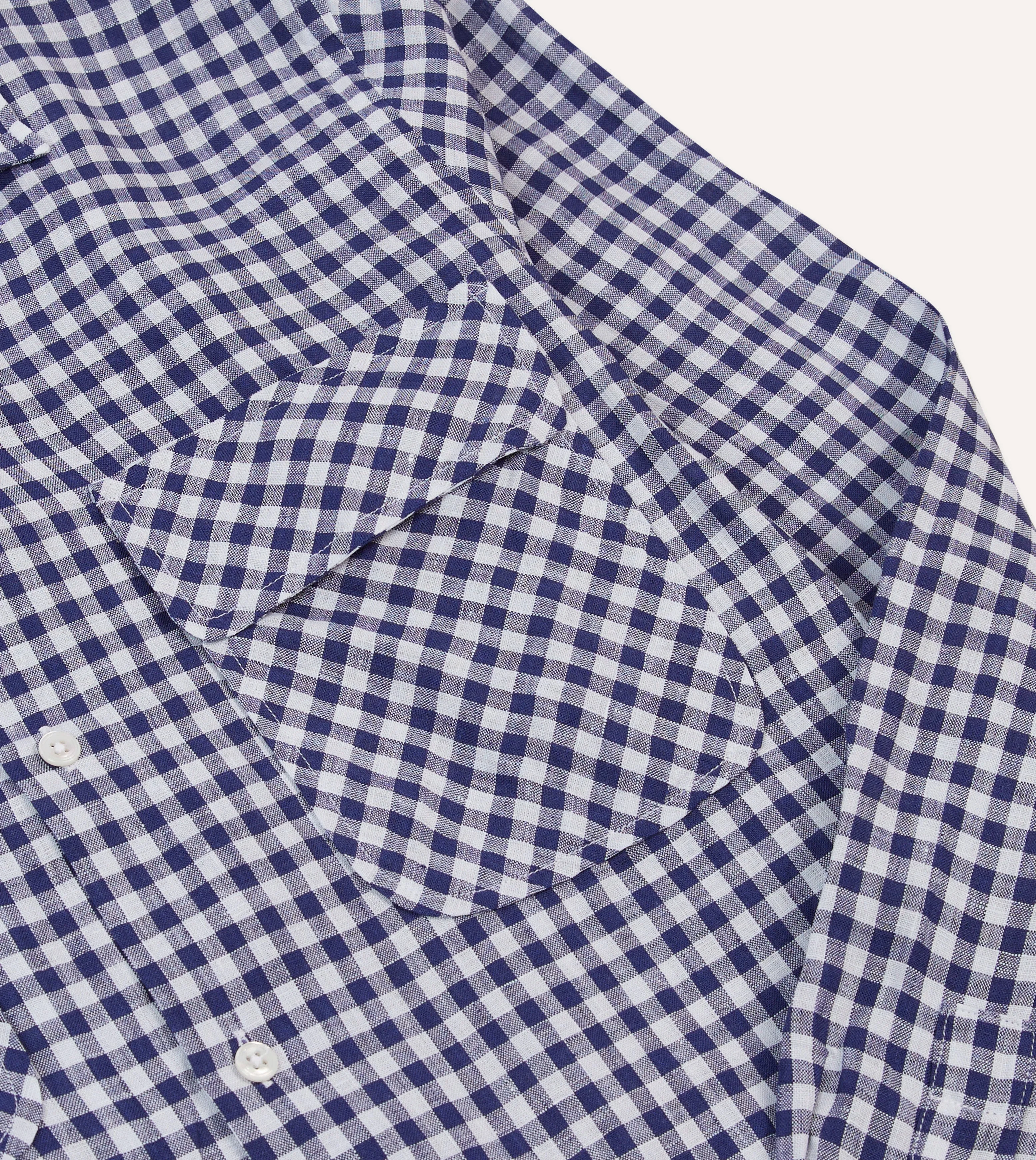 Navy Gingham Check Linen Camp Collar Long Sleeve Shirt