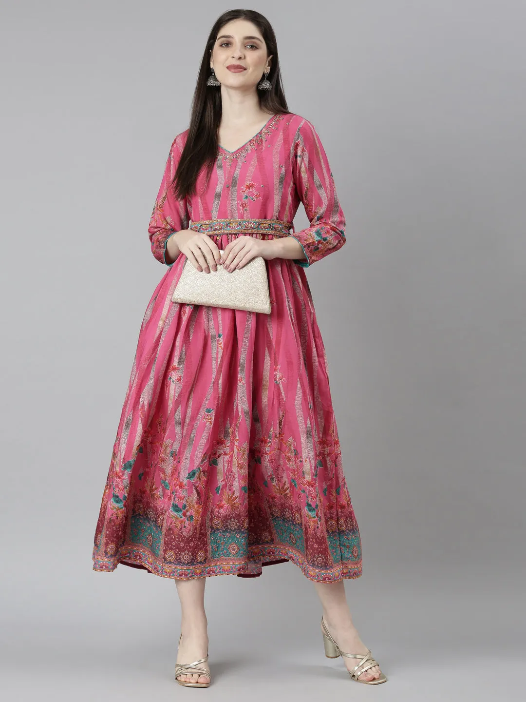 Neeru's Pink Flared Casual Floral Dresses