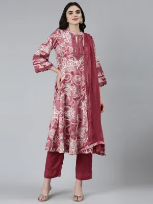 Neeru's Purple Regular Straight Floral Kurta Sets And Trousers With Dupatta