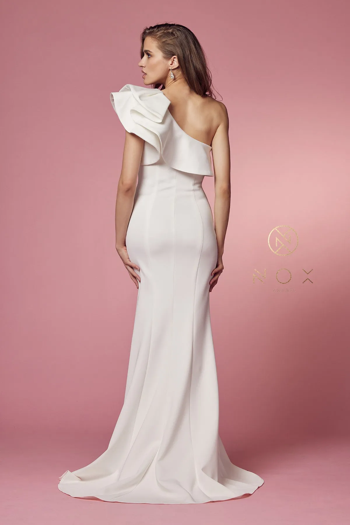 NOX ANABEL E467W Ruffled Asymmetric One Shoulder Bridal Gown