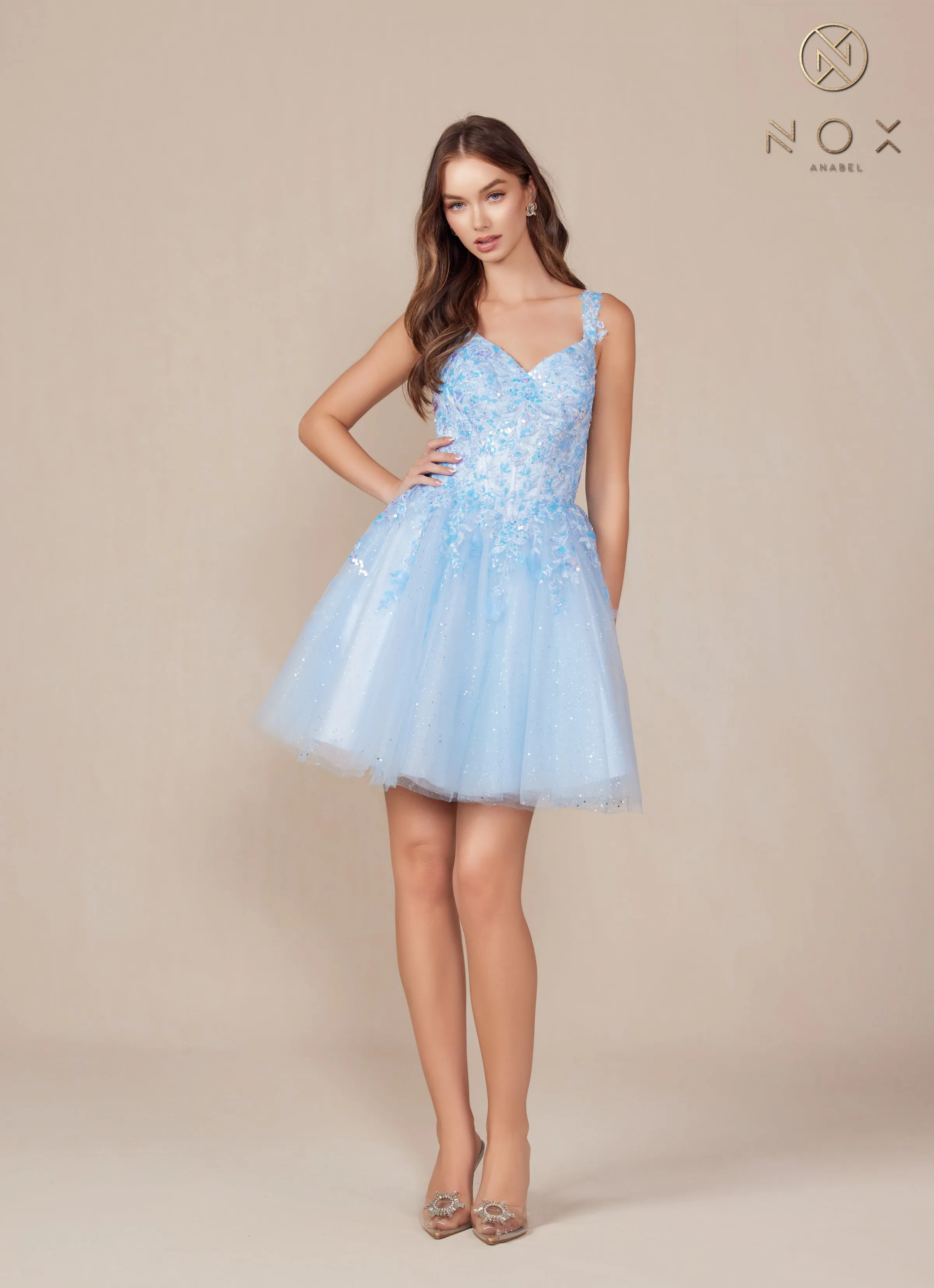 Nox Anabel H846 Applique Corset Bodice Tulle Short Dress