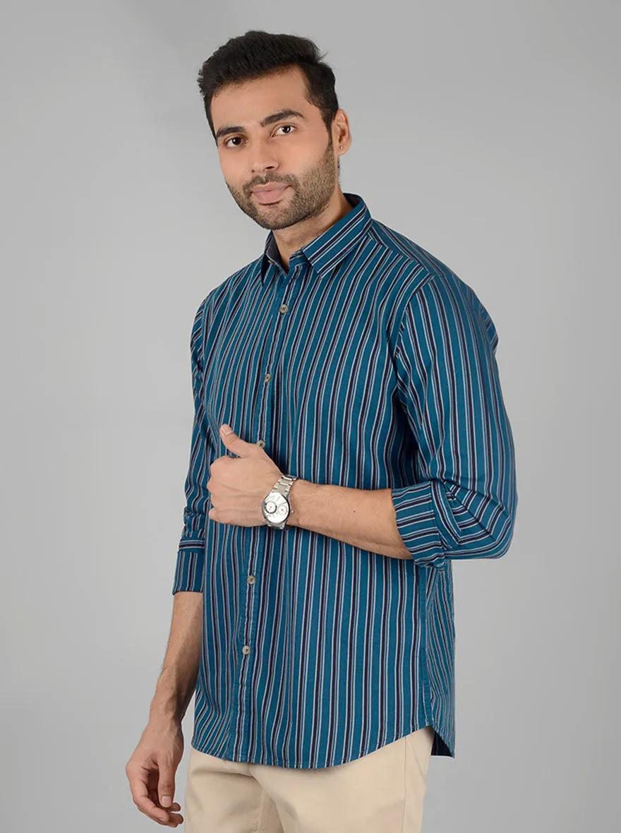 Ocean Blue Striped Slim Fit Casual Shirt | JadeBlue