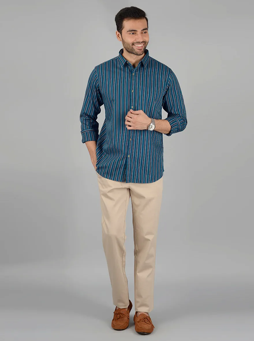 Ocean Blue Striped Slim Fit Casual Shirt | JadeBlue