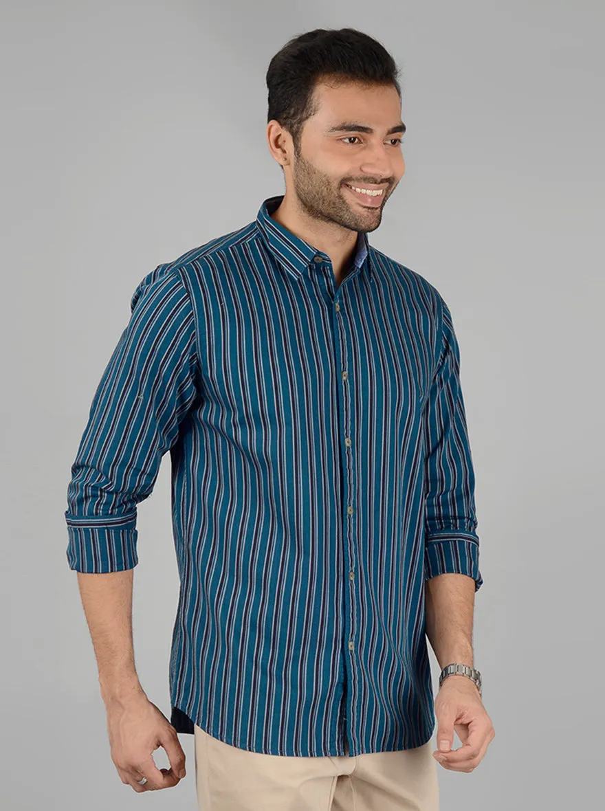 Ocean Blue Striped Slim Fit Casual Shirt | JadeBlue