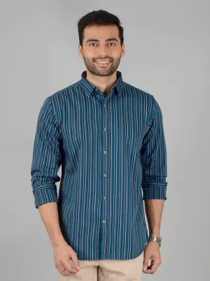 Ocean Blue Striped Slim Fit Casual Shirt | JadeBlue