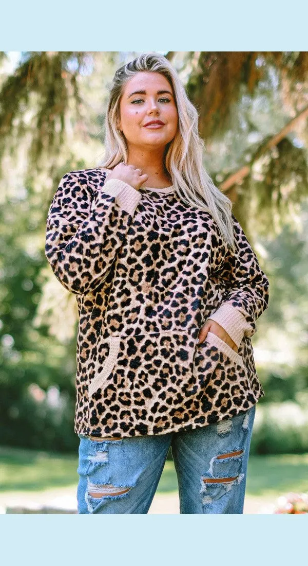 Plus Size Leopard Pullover with Kangaroo Pocket