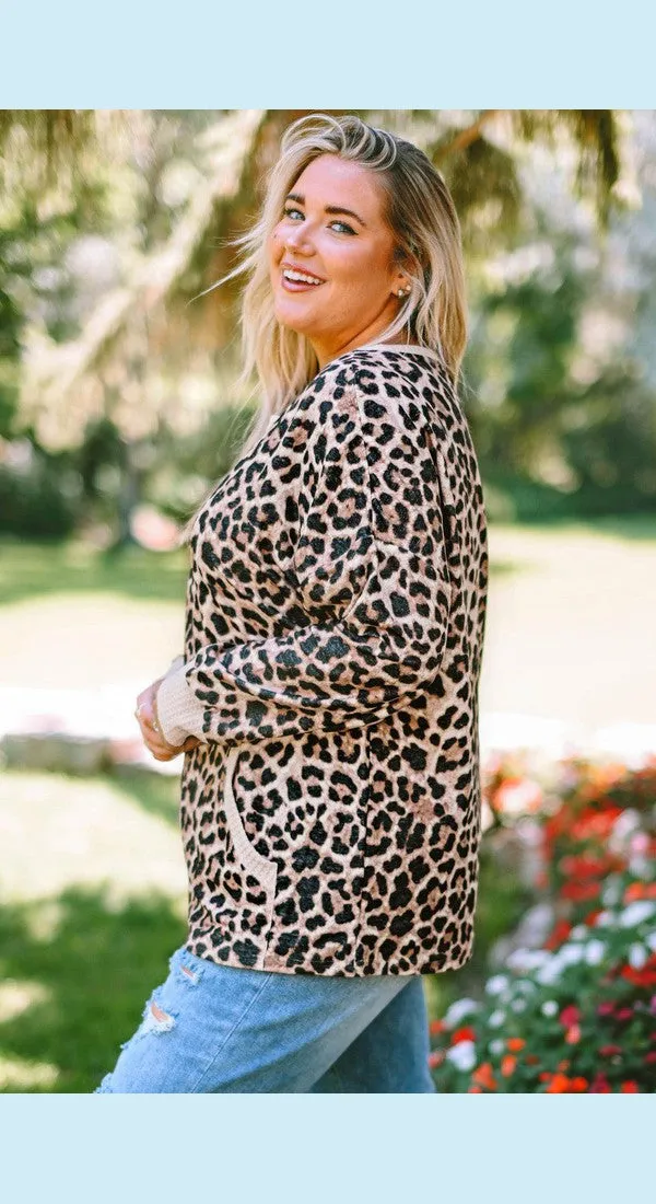 Plus Size Leopard Pullover with Kangaroo Pocket