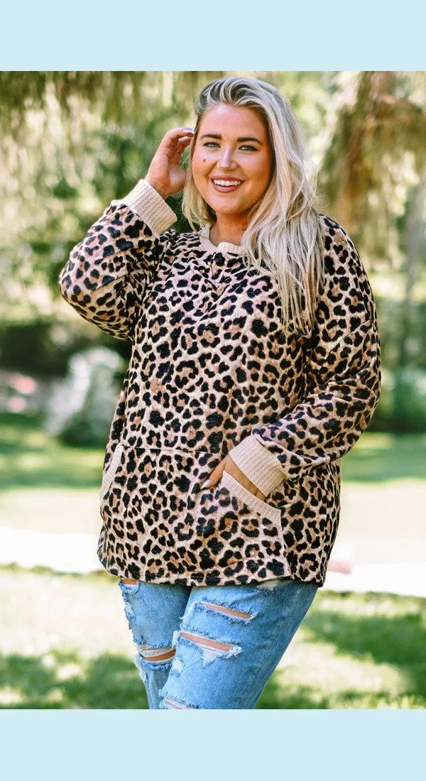 Plus Size Leopard Pullover with Kangaroo Pocket