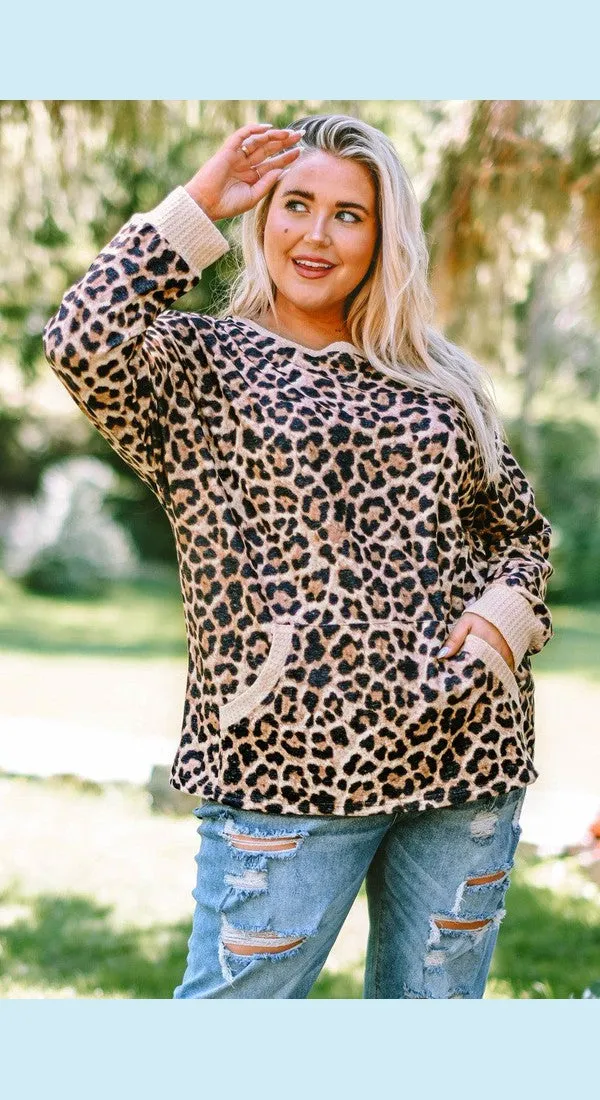 Plus Size Leopard Pullover with Kangaroo Pocket