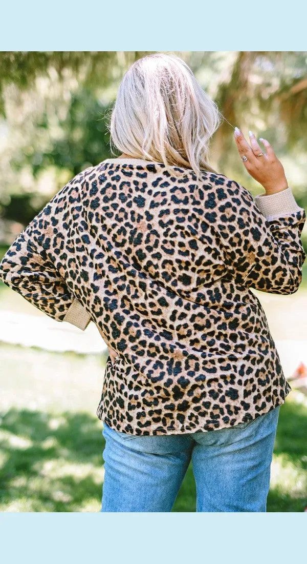 Plus Size Leopard Pullover with Kangaroo Pocket