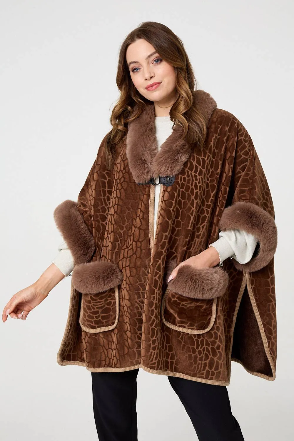 Printed Faux Fur Trim Cape Coat