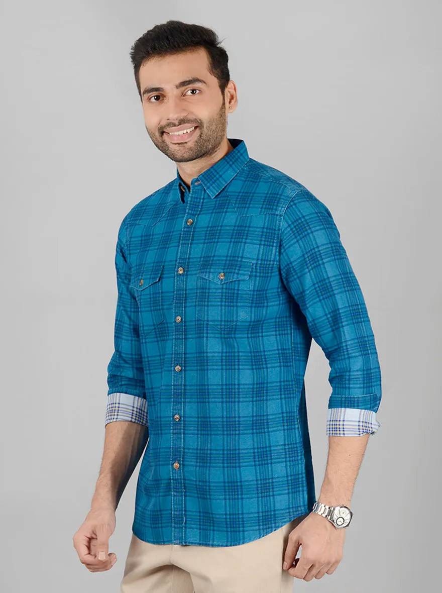 Sapphire Blue Checked Slim Fit Casual Shirt | JadeBlue