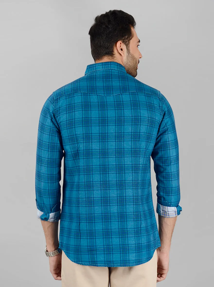 Sapphire Blue Checked Slim Fit Casual Shirt | JadeBlue