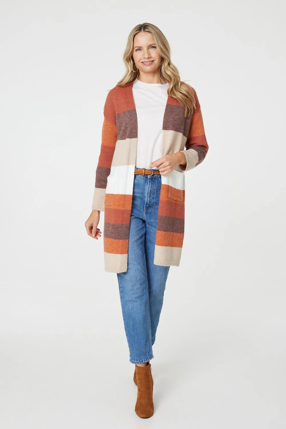 Striped Longline Pocket Front Cardigan