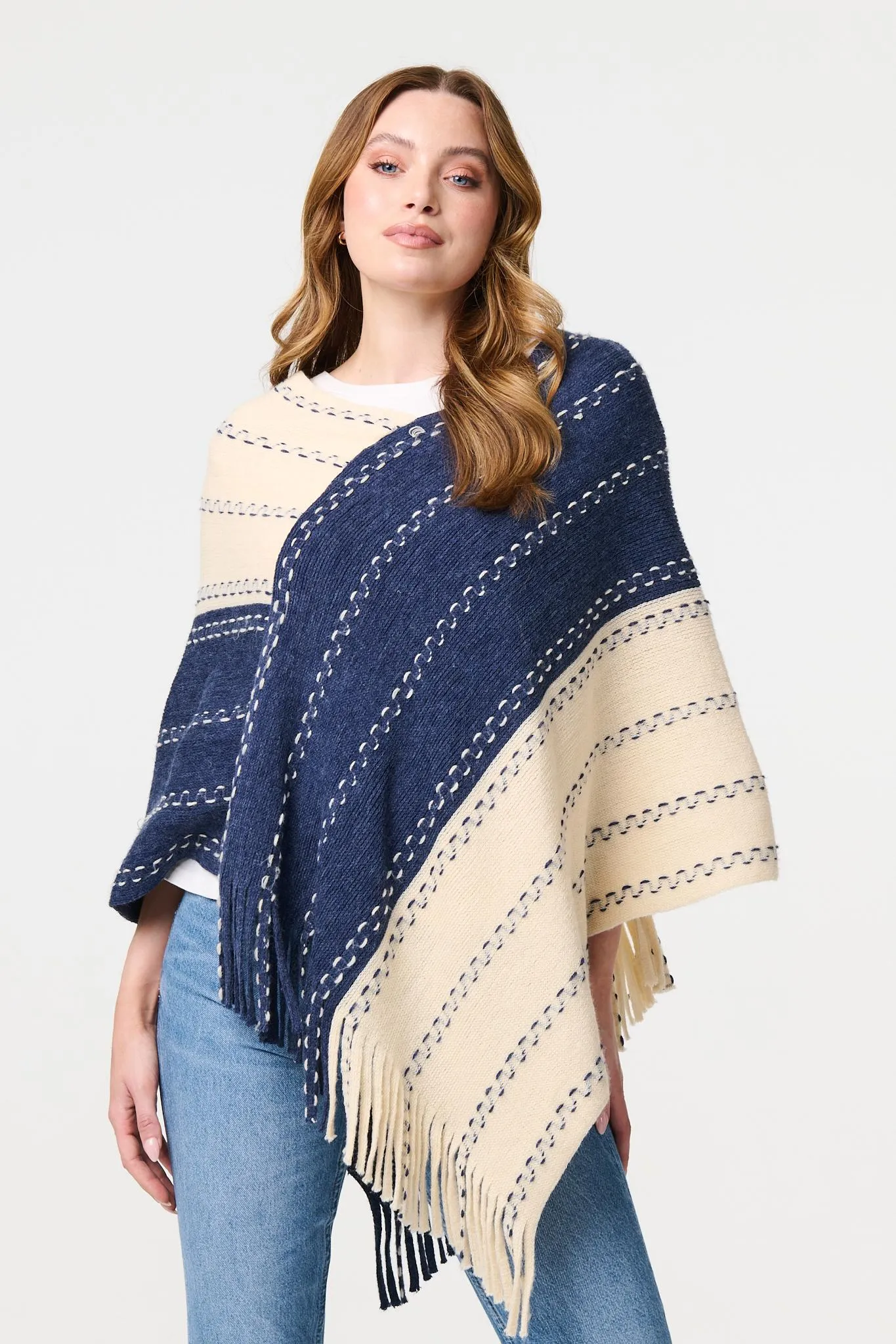 Striped Tassel Trim Oversized Poncho