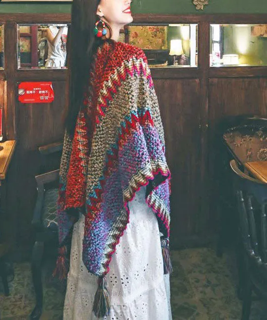 Style Colorblock Tasseled Print Warm Knit Shawl