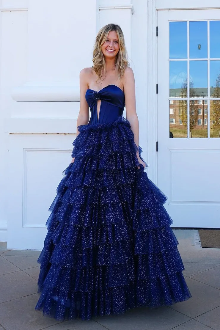 Sweetheart A Line Navy Tulle Tiered Long Prom Dresses