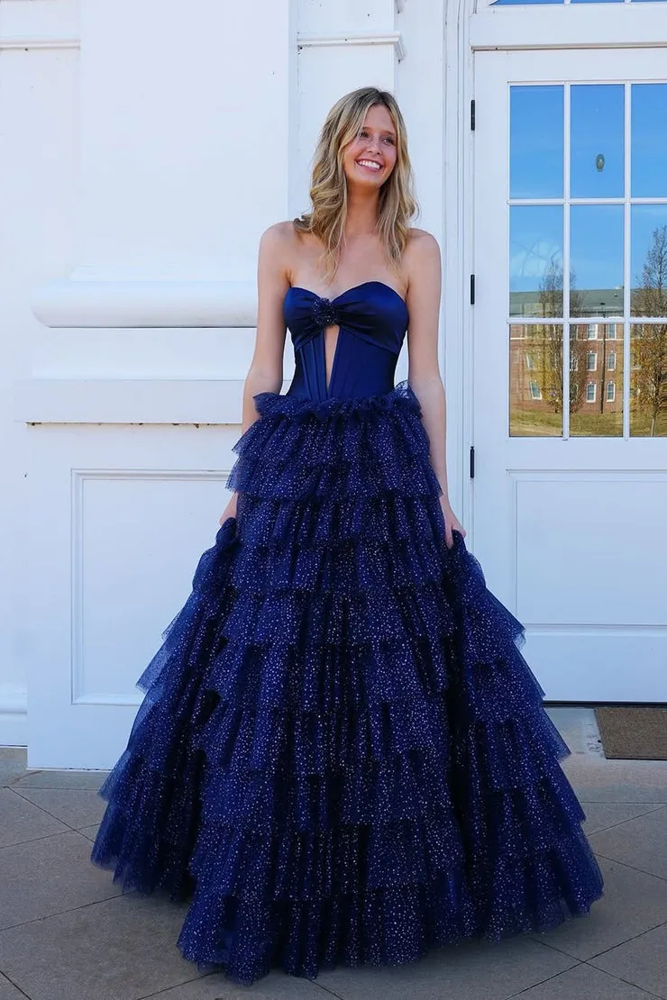 Sweetheart A Line Navy Tulle Tiered Long Prom Dresses