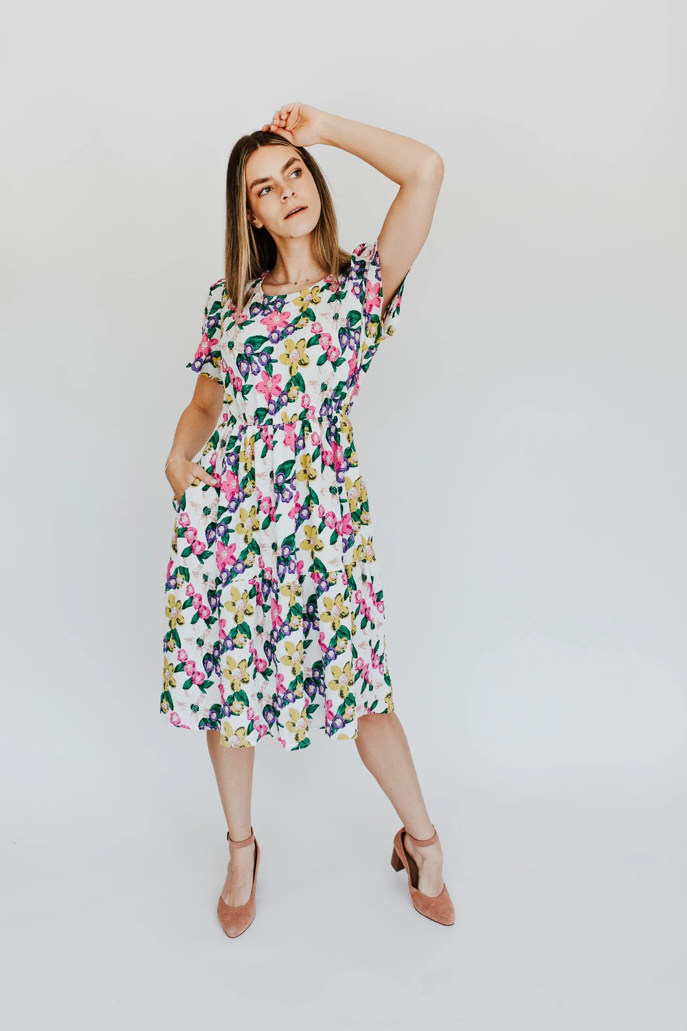 The Garza Floral Midi Dress in White Multi