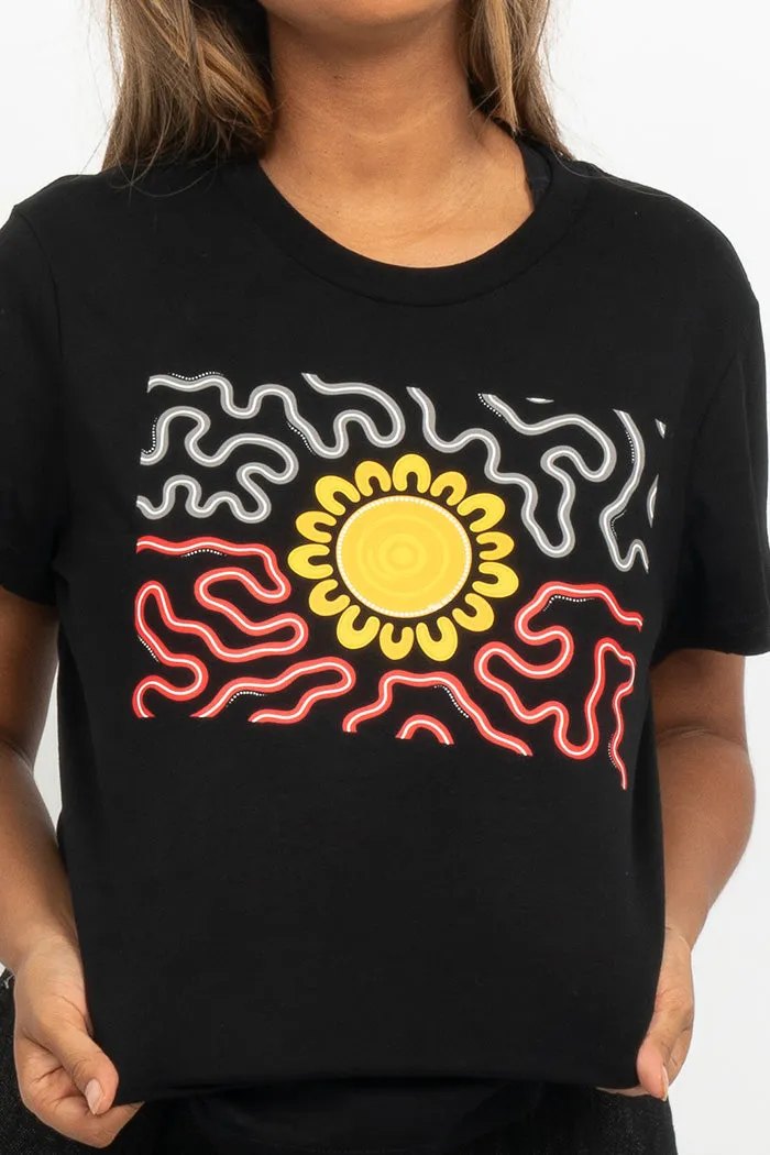 Threaded Together Flag Black Cotton Crew Neck Womens T-Shirt