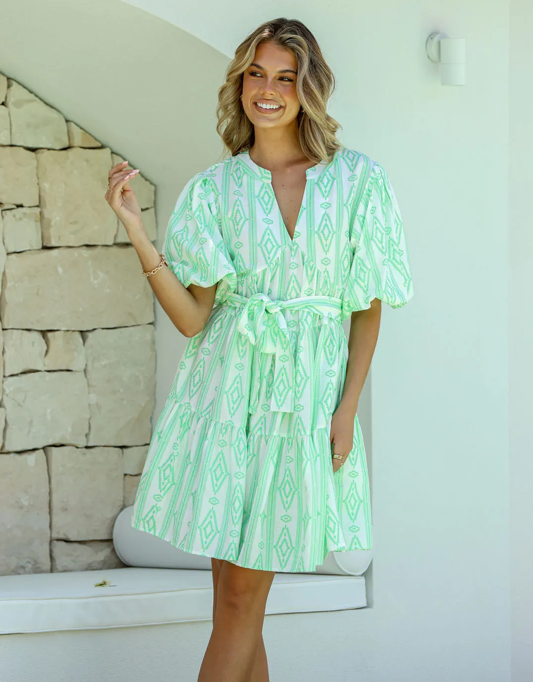 Tie Scandinavian Dress - Green/White