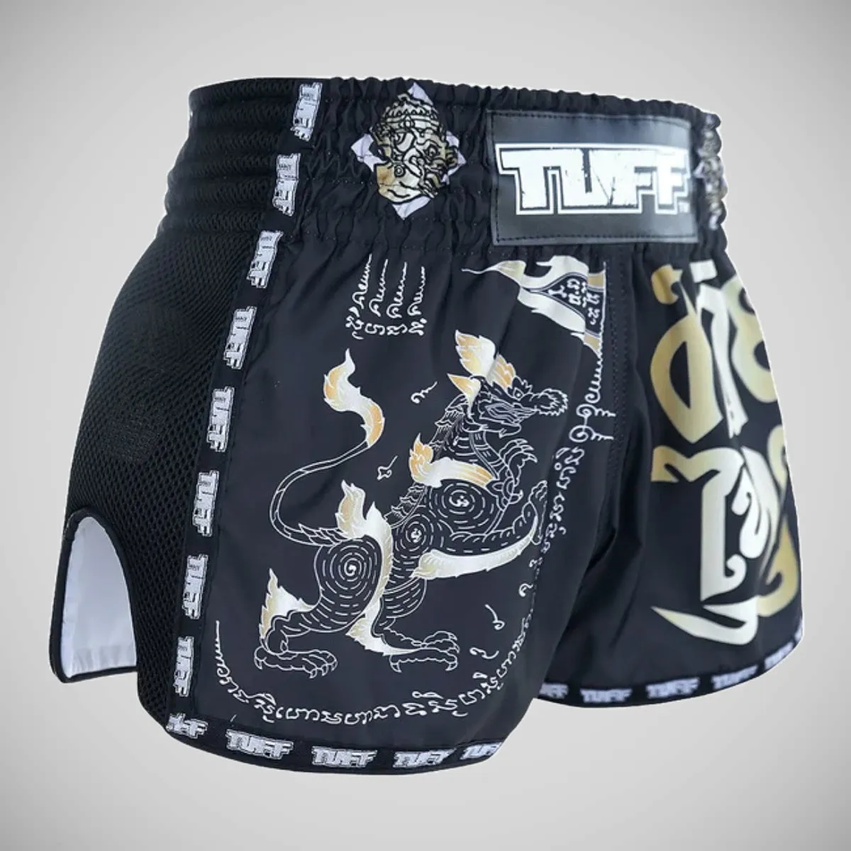 TUFF Sport MRS206 Retro Style Black Singha Yantra with War Flag Muay Thai Shorts