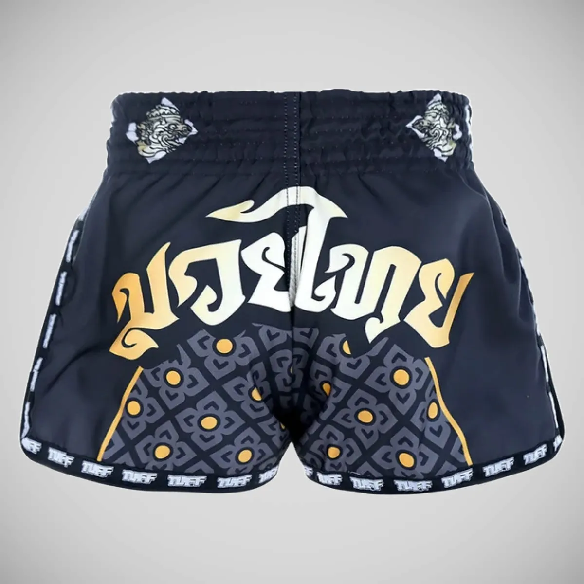 TUFF Sport MRS206 Retro Style Black Singha Yantra with War Flag Muay Thai Shorts