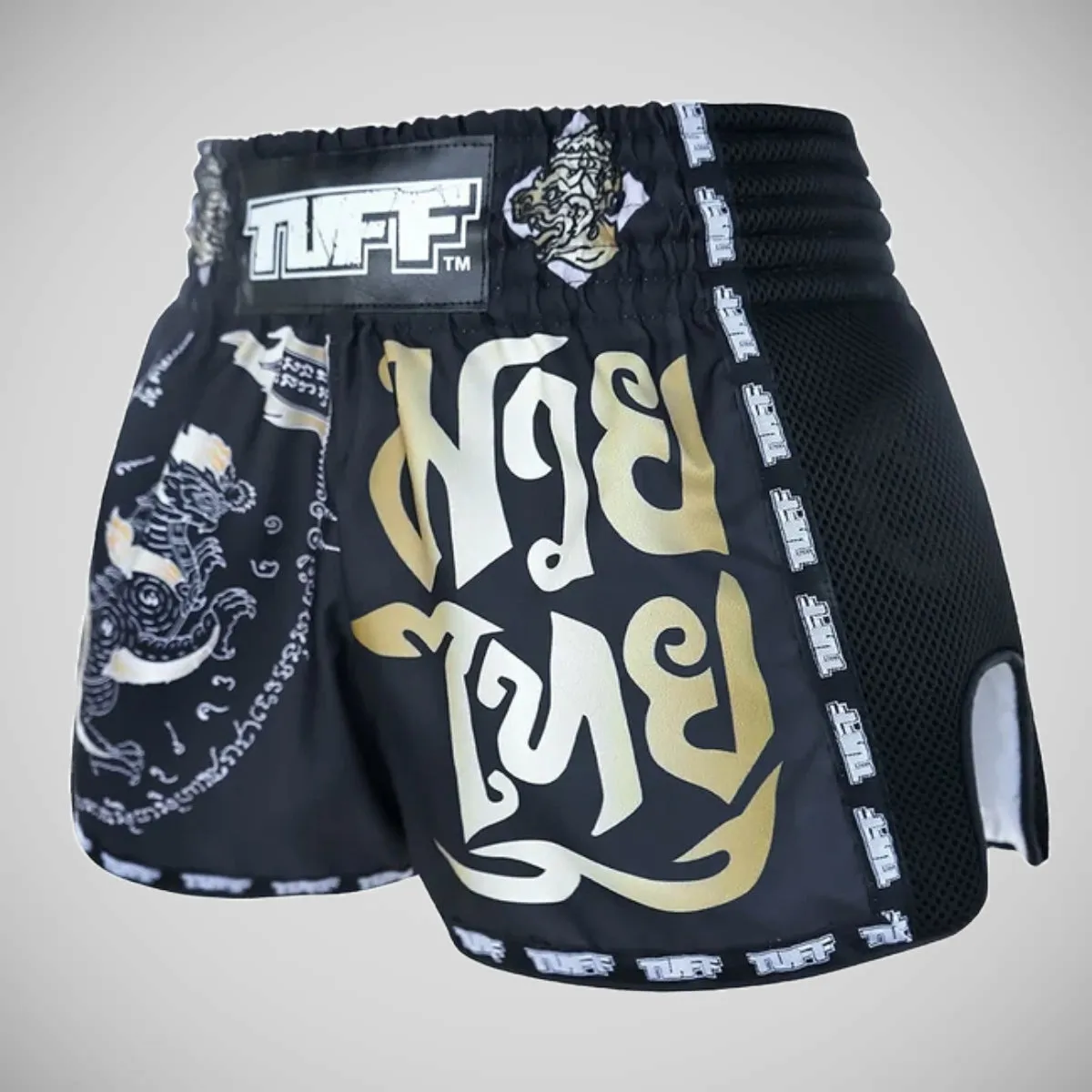 TUFF Sport MRS206 Retro Style Black Singha Yantra with War Flag Muay Thai Shorts