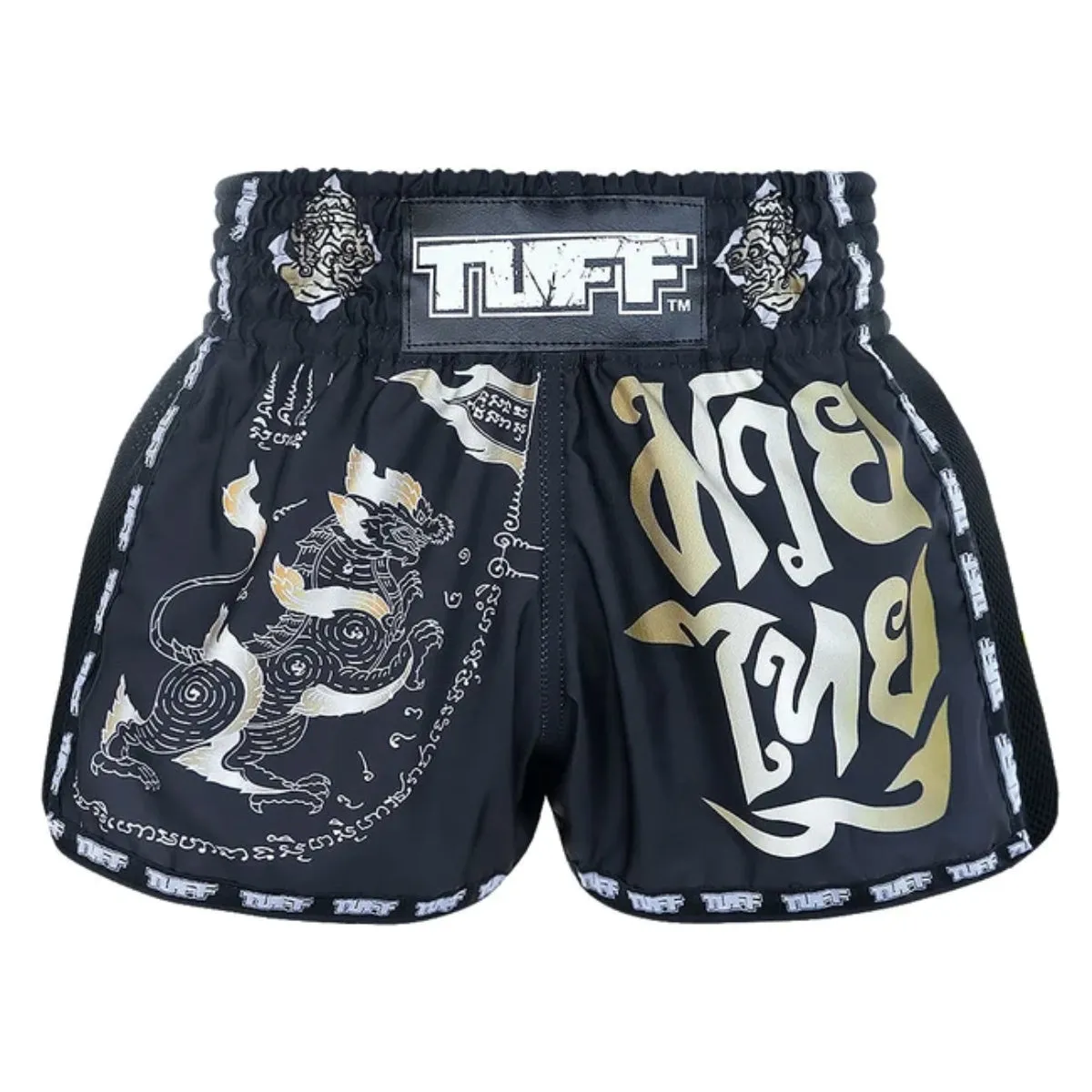 TUFF Sport MRS206 Retro Style Black Singha Yantra with War Flag Muay Thai Shorts