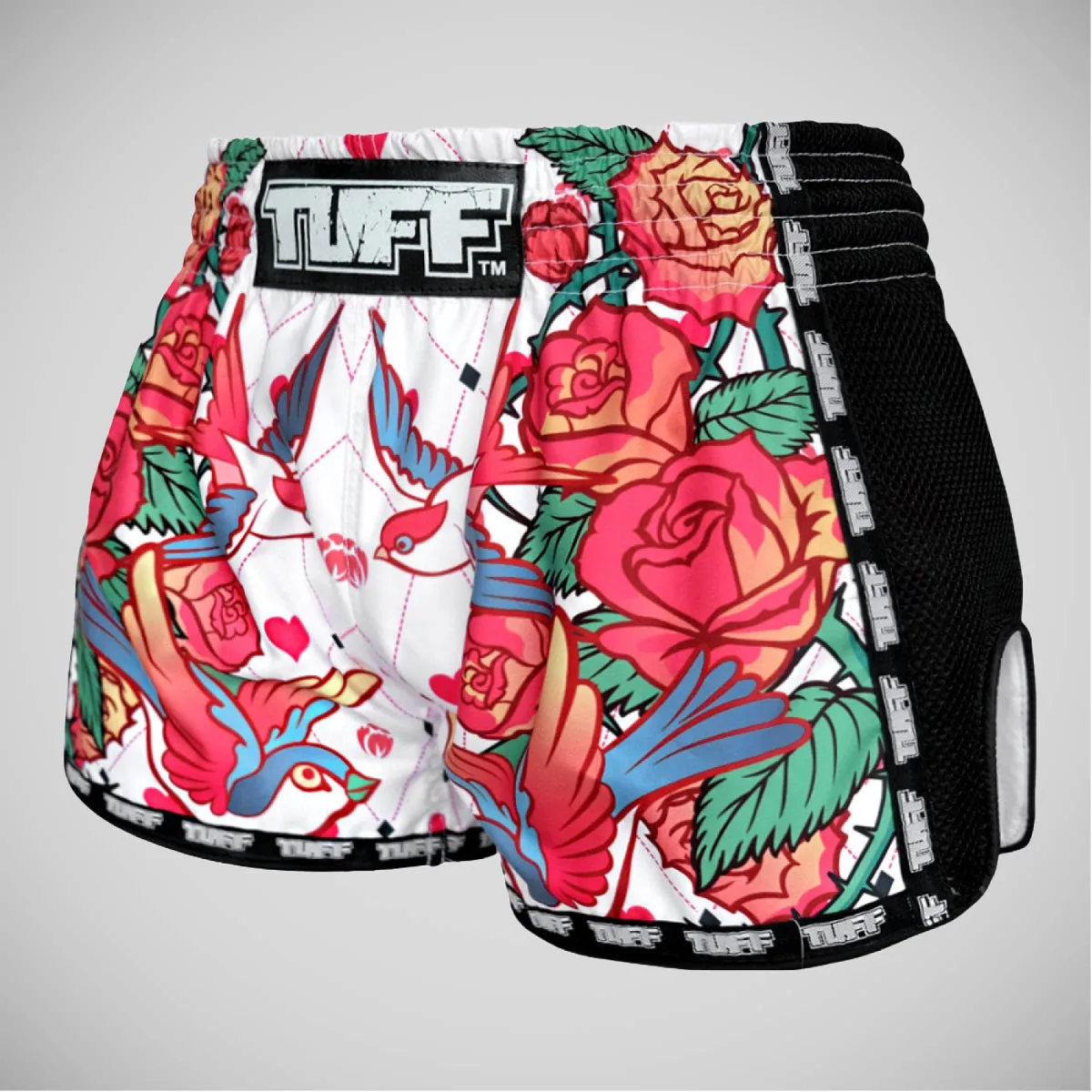 TUFF Sport MRS302 Retro Style White Roses With Birds Muay Thai Shorts