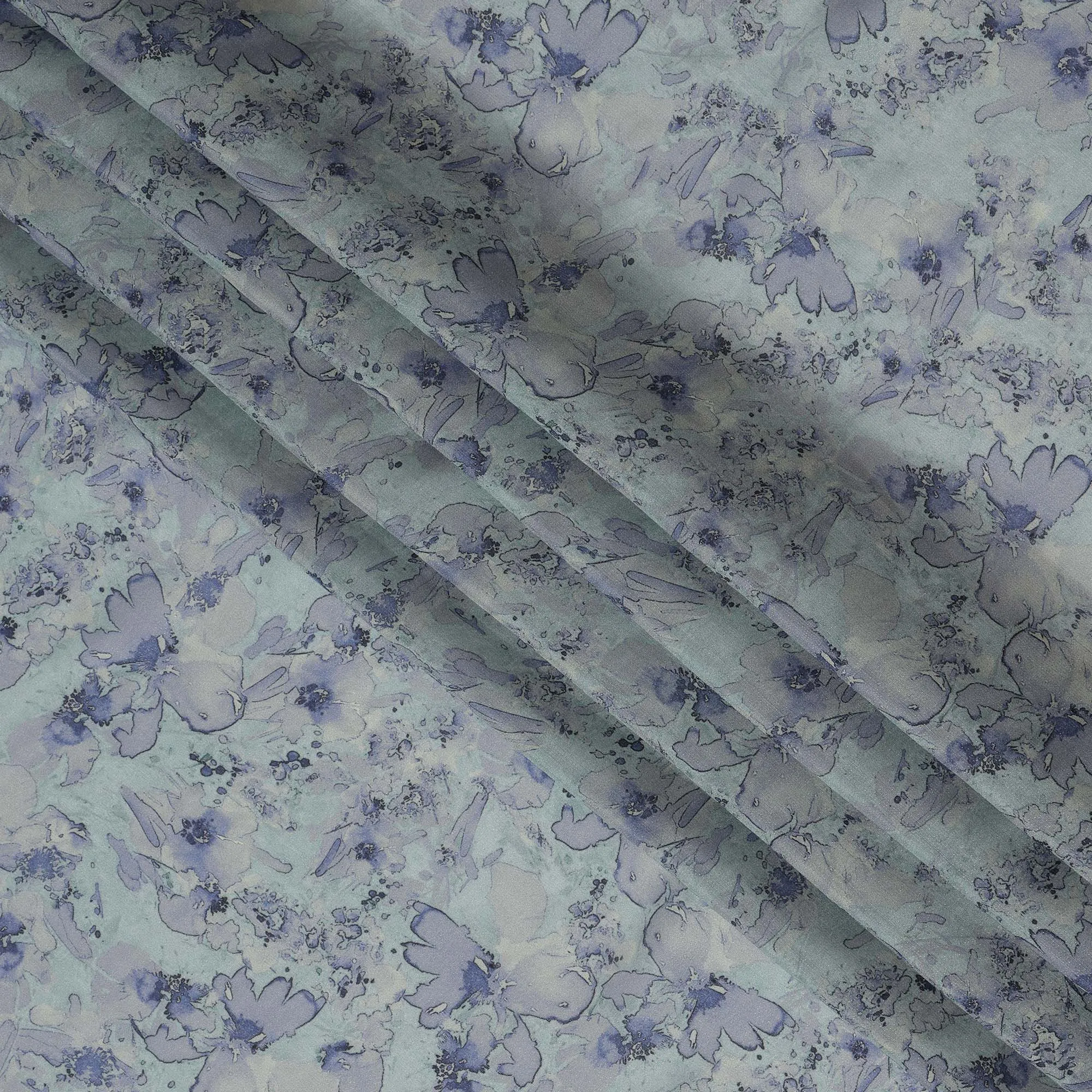 Viscose Crepe Fabric - Soft Blue Floral on Aqua Green, 110 cm Width-D20661