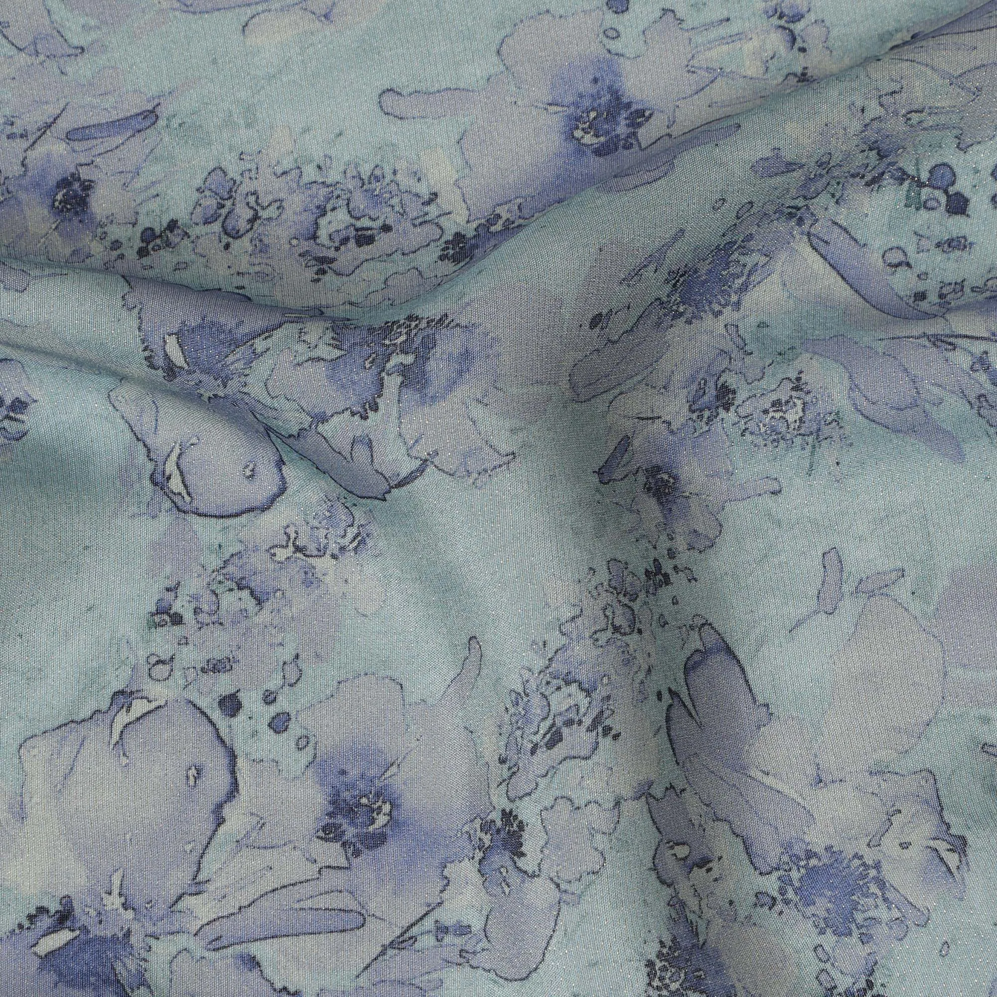 Viscose Crepe Fabric - Soft Blue Floral on Aqua Green, 110 cm Width-D20661