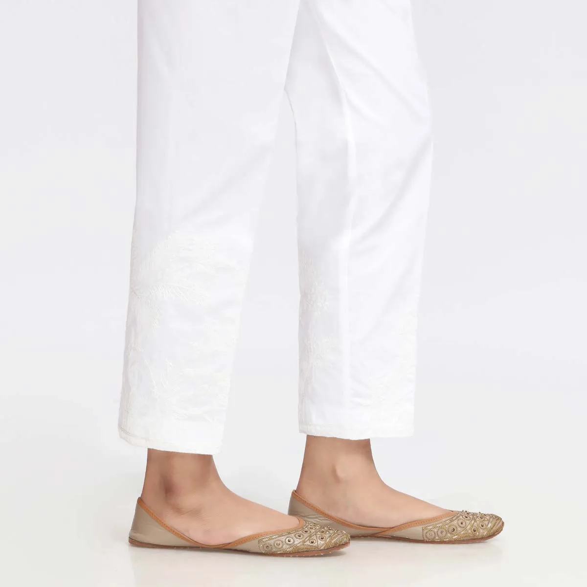 White Embroidered Cambric Slim Fit Trouser PW3673